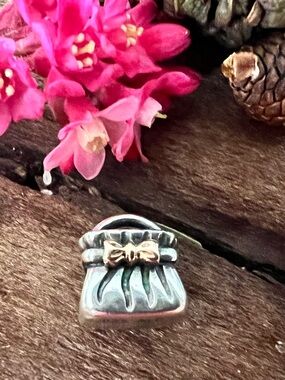Authentic Pandora Charm 14K Purse Gold Bow Bead Sterling Two Tone Bag Coquette